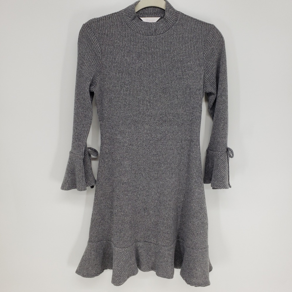 Lauren Conrad Fit & Flare Dress Size XS Gray Ribbed Knit Bell Sleeve Flounce Hem